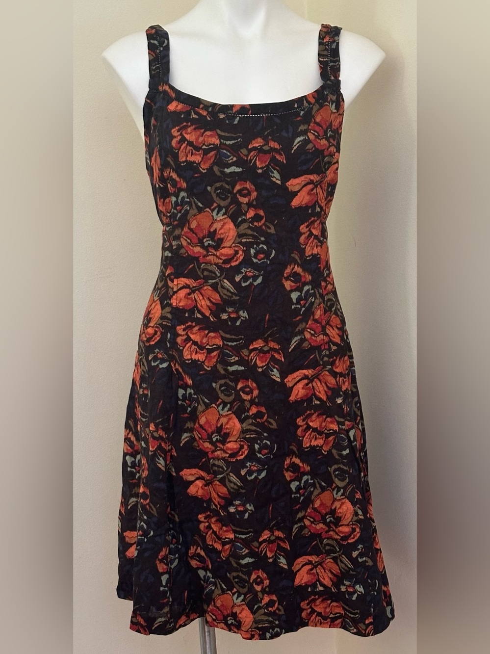 PERUVIAN CONNECTION Black Orange Green   Floral Print Dress Sz 14